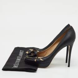 Pre Owned Valentino Black Leather Flower Embellished Peep Toe Platform Pumps Size 38.5