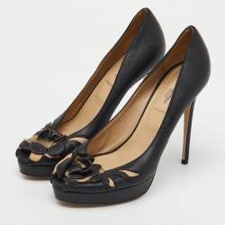 Pre Owned Valentino Black Leather Flower Embellished Peep Toe Platform Pumps Size 38.5