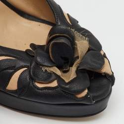 Pre Owned Valentino Black Leather Flower Embellished Peep Toe Platform Pumps Size 38.5