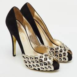 Pre Owned Valentino Black/Gold Suede Crystal Embellished Peep Toe Platform Pumps Size 37.5