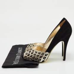 Pre Owned Valentino Black/Gold Suede Crystal Embellished Peep Toe Platform Pumps Size 37.5