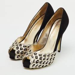 Pre Owned Valentino Black/Gold Suede Crystal Embellished Peep Toe Platform Pumps Size 37.5