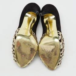 Pre Owned Valentino Black/Gold Suede Crystal Embellished Peep Toe Platform Pumps Size 37.5