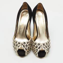 Pre Owned Valentino Black/Gold Suede Crystal Embellished Peep Toe Platform Pumps Size 37.5