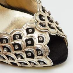 Pre Owned Valentino Black/Gold Suede Crystal Embellished Peep Toe Platform Pumps Size 37.5