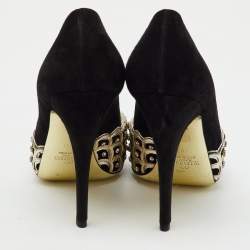 Pre Owned Valentino Black/Gold Suede Crystal Embellished Peep Toe Platform Pumps Size 37.5