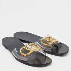 Valentino Black PVC Vlogo Flat Slide Sandals Size 38.5