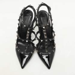 Pre Owned Valentino Black Patent Leather Rockstud Ankle Strap Pumps Size 37
