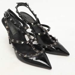 Pre Owned Valentino Black Patent Leather Rockstud Ankle Strap Pumps Size 37