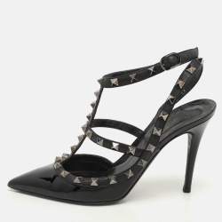 Pre Owned Valentino Black Patent Leather Rockstud Ankle Strap Pumps Size 37