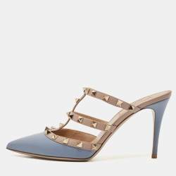 Valentino Blue/Beige Leather Rockstud Slide Sandals Size 39.5