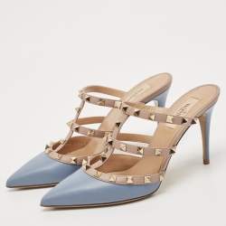 Valentino Blue/Beige Leather Rockstud Slide Sandals Size 39.5