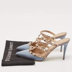 Valentino Blue/Beige Leather Rockstud Slide Sandals Size 39.5
