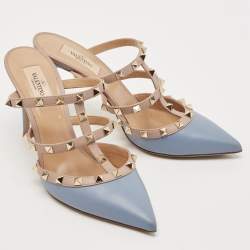 Valentino Blue/Beige Leather Rockstud Slide Sandals Size 39.5
