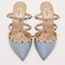 Valentino Blue/Beige Leather Rockstud Slide Sandals Size 39.5