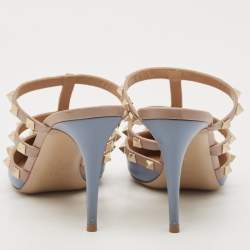 Valentino Blue/Beige Leather Rockstud Slide Sandals Size 39.5
