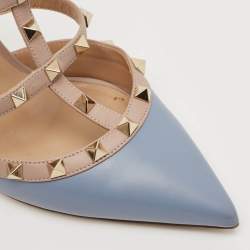 Valentino Blue/Beige Leather Rockstud Slide Sandals Size 39.5