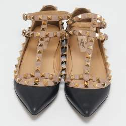 Valentino Black/Beige Leather Rockstud Caged Ballet Flats Size 39