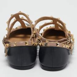 Valentino Black/Beige Leather Rockstud Caged Ballet Flats Size 39