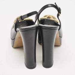 Pre Owned Valentino Black Leather Peep Toe Platform Slingback Pumps Size 38.5