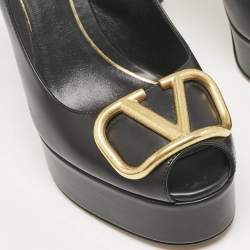 Pre Owned Valentino Black Leather Peep Toe Platform Slingback Pumps Size 38.5