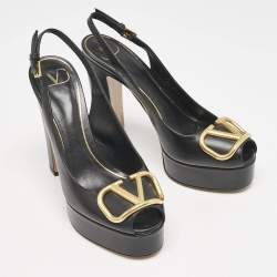 Pre Owned Valentino Black Leather Peep Toe Platform Slingback Pumps Size 38.5