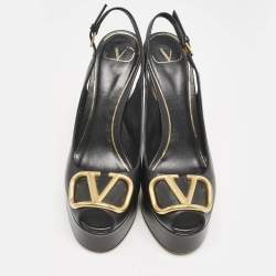 Pre Owned Valentino Black Leather Peep Toe Platform Slingback Pumps Size 38.5