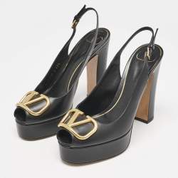 Pre Owned Valentino Black Leather Peep Toe Platform Slingback Pumps Size 38.5