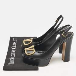 Pre Owned Valentino Black Leather Peep Toe Platform Slingback Pumps Size 38.5