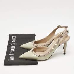 Valentino Dusty Pink/Green Patent and Leather Rockstud D'orsay Slingback Pumps Size 37