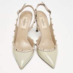 Valentino Dusty Pink/Green Patent and Leather Rockstud D'orsay Slingback Pumps Size 37
