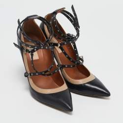 Valentino Beige/Black Leather Love Latch Detail Eyelet Embellished Pumps Size 37