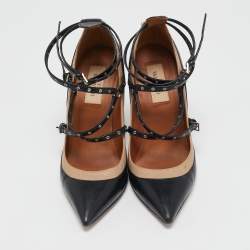 Valentino Beige/Black Leather Love Latch Detail Eyelet Embellished Pumps Size 37