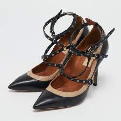 Valentino Beige/Black Leather Love Latch Detail Eyelet Embellished Pumps Size 37