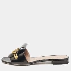 Valentino Black Patent Leather VClub Flat Slides Size 39.5