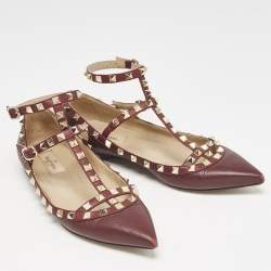 Valentino Burgundy Leather Rockstud Ballet Flats Size 38