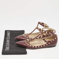 Valentino Burgundy Leather Rockstud Ballet Flats Size 38