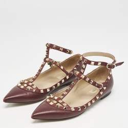 Valentino Burgundy Leather Rockstud Ballet Flats Size 38