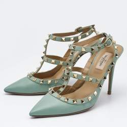 Valentino Light Green Leather Rockstud Ankle Strap Pumps Size 38.5