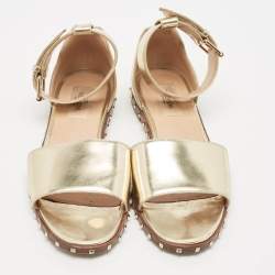 Valentino Gold Leather Soul Rockstud Ankle Strap Flat Sandals Size 38