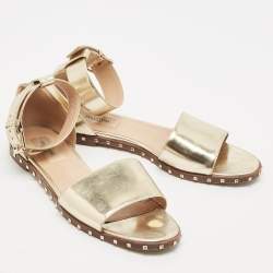 Valentino Gold Leather Soul Rockstud Ankle Strap Flat Sandals Size 38