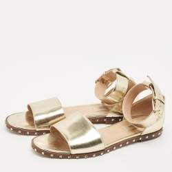 Valentino Gold Leather Soul Rockstud Ankle Strap Flat Sandals Size 38