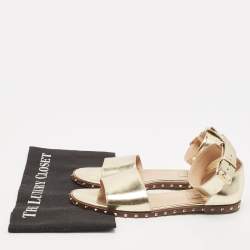 Valentino Gold Leather Soul Rockstud Ankle Strap Flat Sandals Size 38