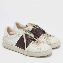Valentino White and Burgundy Leather Open Low Top Sneakers Size 37
