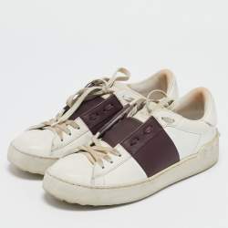 Valentino White and Burgundy Leather Open Low Top Sneakers Size 37