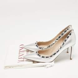 Valentino Silver Foil Leather Rockstud Pointed Toe Pumps Size 37.5