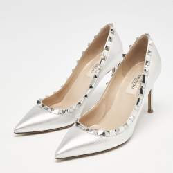Valentino Silver Foil Leather Rockstud Pointed Toe Pumps Size 37.5