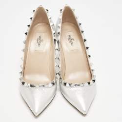 Valentino Silver Foil Leather Rockstud Pointed Toe Pumps Size 37.5