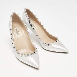 Valentino Silver Foil Leather Rockstud Pointed Toe Pumps Size 37.5