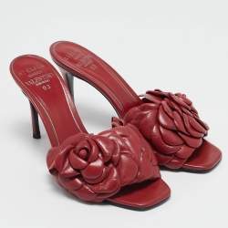 Pre Owned Valentino Red Leather Rose Atelier 03 Slide Sandals Size 36.5